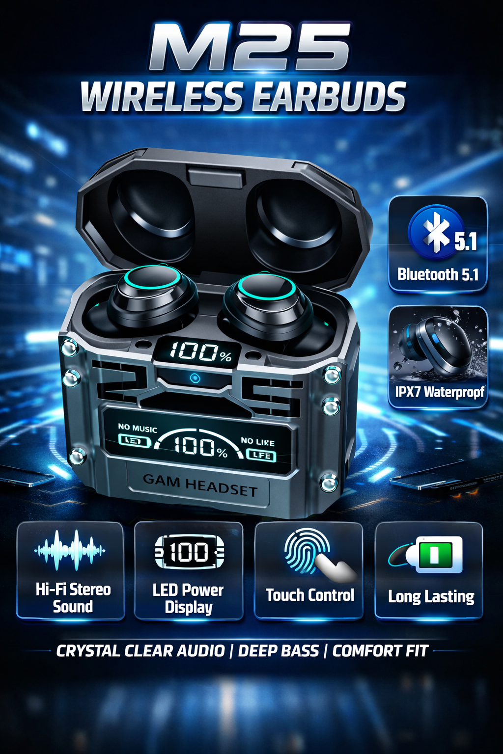 M25 Wireless Earbuds – LED Display | Touch Control | Long-Lasting Performance