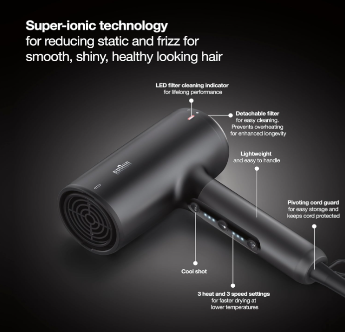 Braun Hair Dryer Blow Dryer with Super-Ionic Technology Reduces Static and Frizz for Smooth, Shiny, Healthy Looking Hair